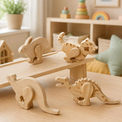 Wooden Animal Ramp Walker Set – Gravity-Powered Walking Toys for Kids | Montessori & Waldorf-Inspired, 5-Piece Natural Wood Set