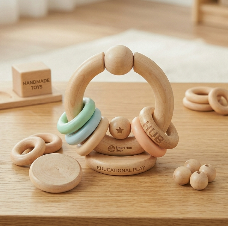 Zetta Vibe Handmade Wooden Baby Grasping Toy – Premium Montessori Rattle & Sensory Teether Gift