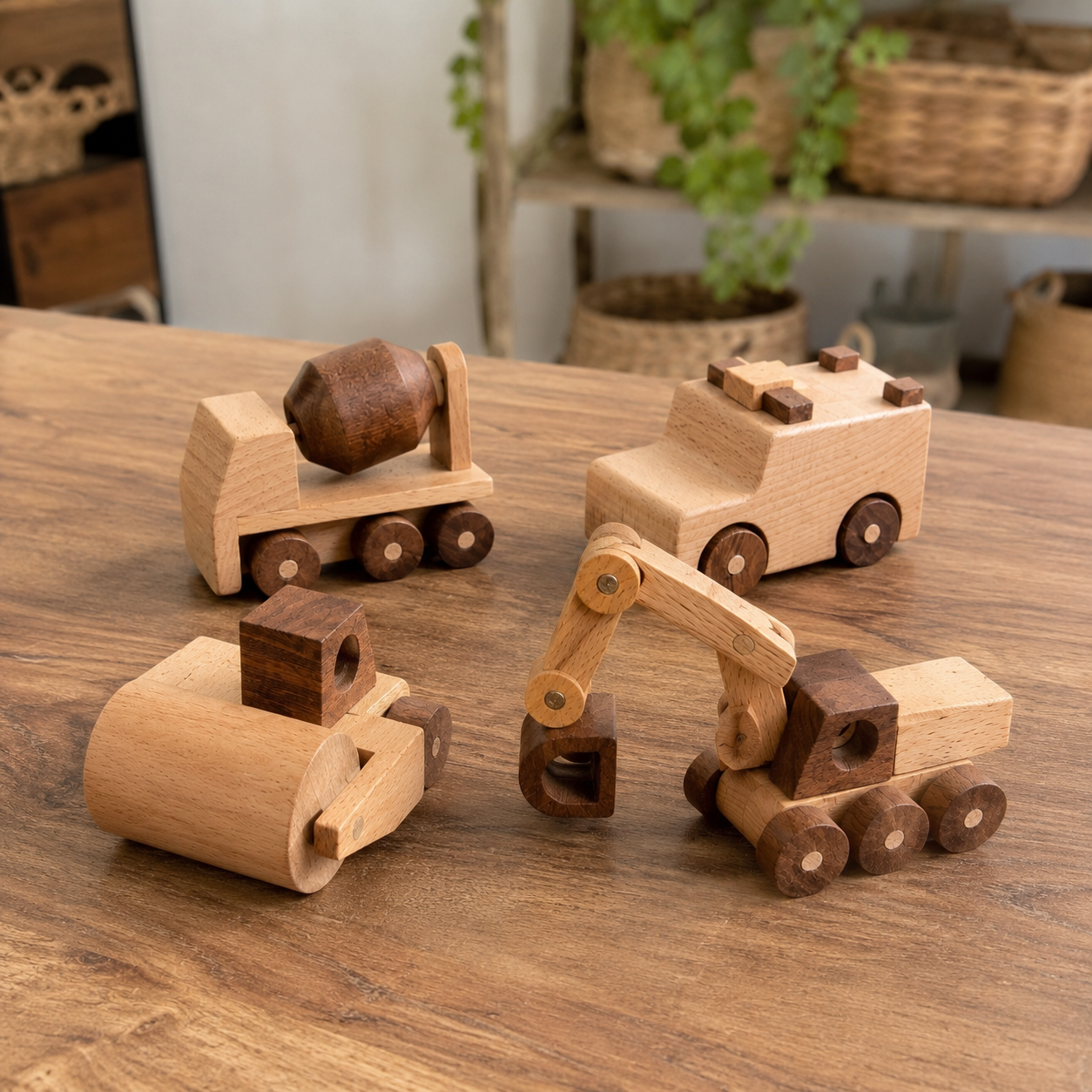 Montessori Wooden Vehicle Toy Set – 4-Piece Beech Wood Construction and Train Collection