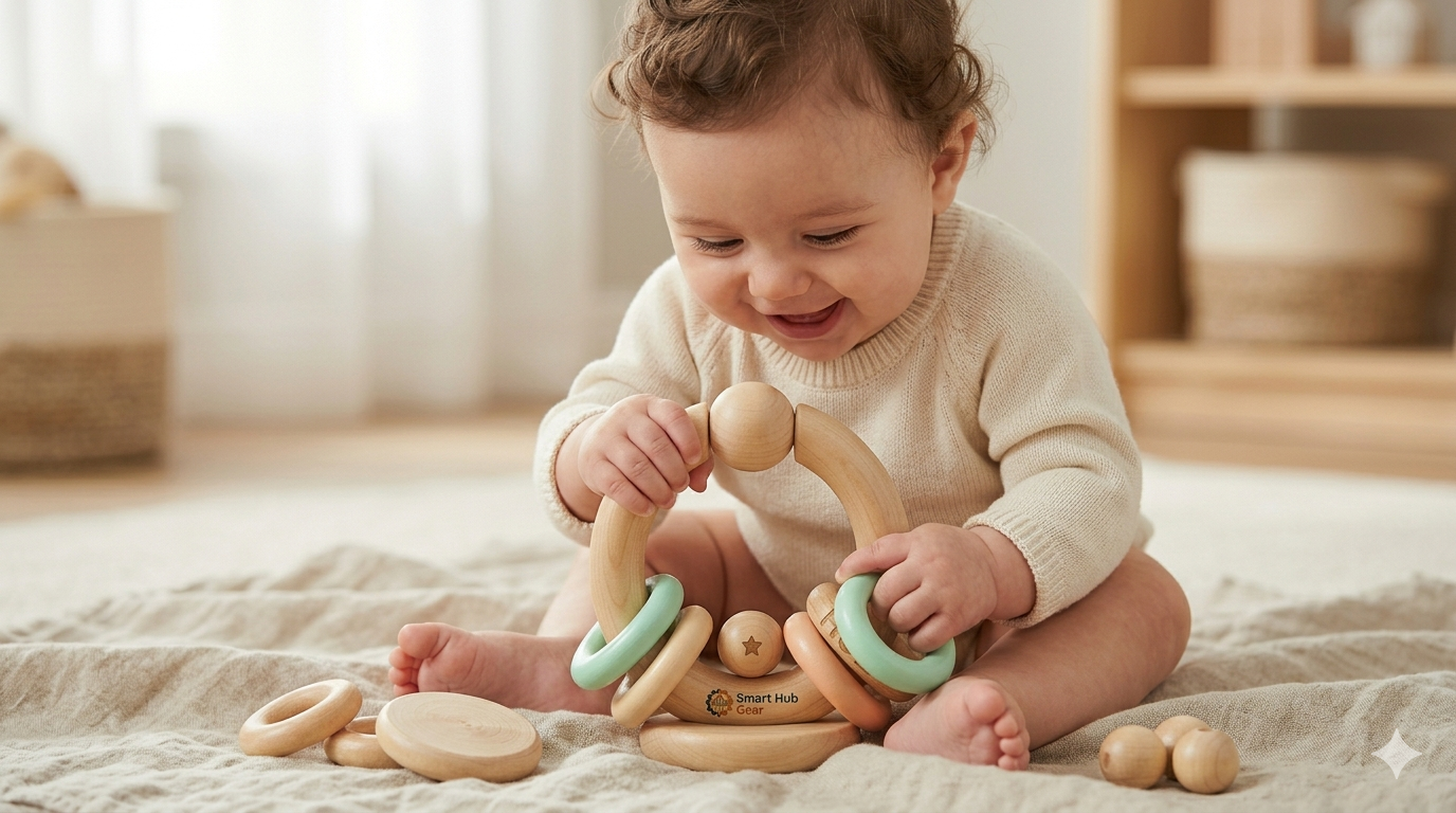 Zetta Vibe Handmade Wooden Baby Grasping Toy – Premium Montessori Rattle & Sensory Teether Gift