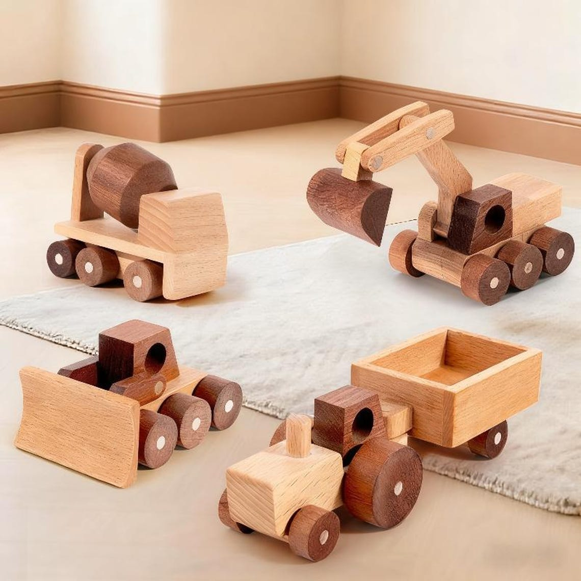 Montessori Wooden Vehicle Toy Set – 4-Piece Beech Wood Construction and Train Collection